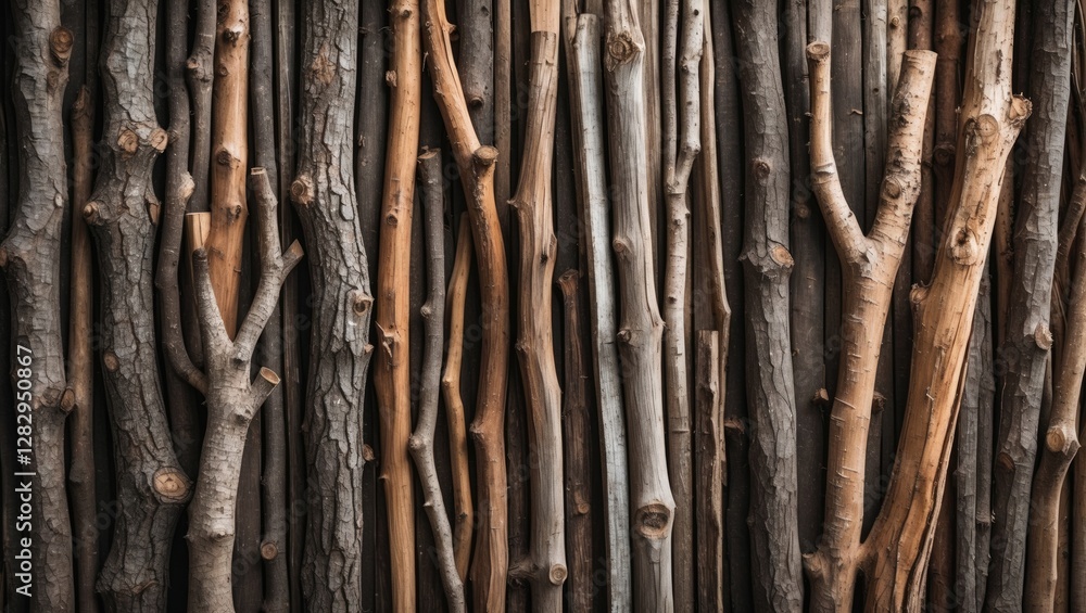 Poster background of wooden sticks in various sizes and textures arranged vertically in a natural tone patt