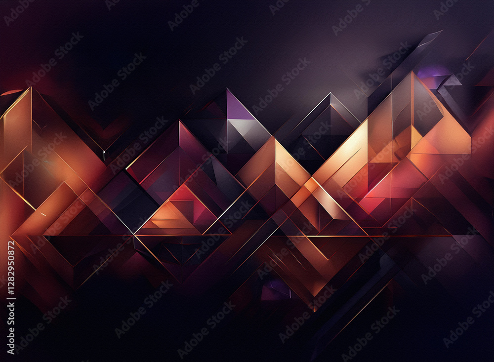 Poster abstract geometric shapes with warm tones on a dark background. triangles and polygons create a mode