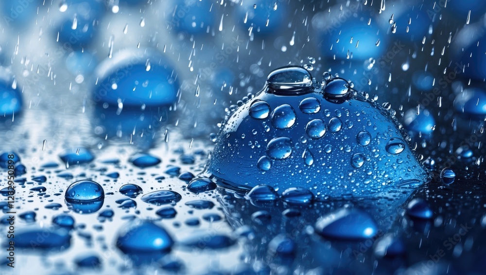 Poster close-up view of water droplets on a blue surface with rain falling creating a reflective texture an