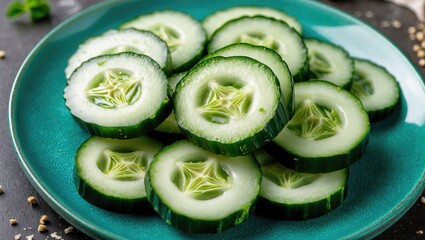 Freshly sliced cucumber rounds on a turquoise plate with sesame seeds in the background, showcasing healthy food presentation.