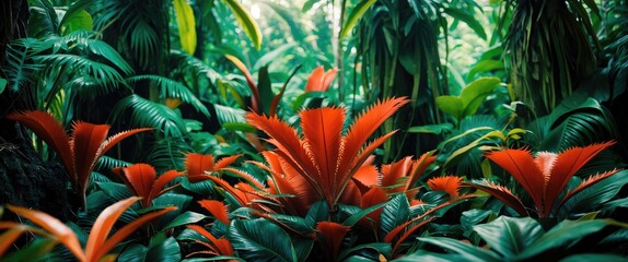 Lush tropical jungle with vibrant red foliage and dense green plants creating a rich natural landscape background