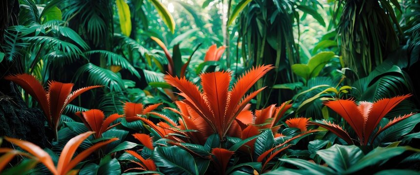 Lush tropical jungle with vibrant red foliage and dense green plants creating a rich natural landscape background
