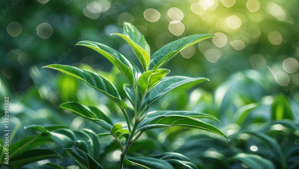Aufkleber close-up of green leaves with blurred background and soft bokeh light effects in a natural setting d
