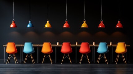 Modern Office Interior with Colorful Chairs and Pendant Lights