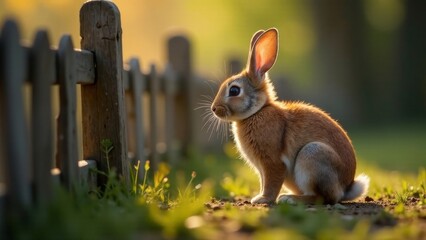 A young rabbit sits peacefully by a rustic wooden fence, bathed in the warm glow of the setting sun, its fur glowing golden in the soft light.