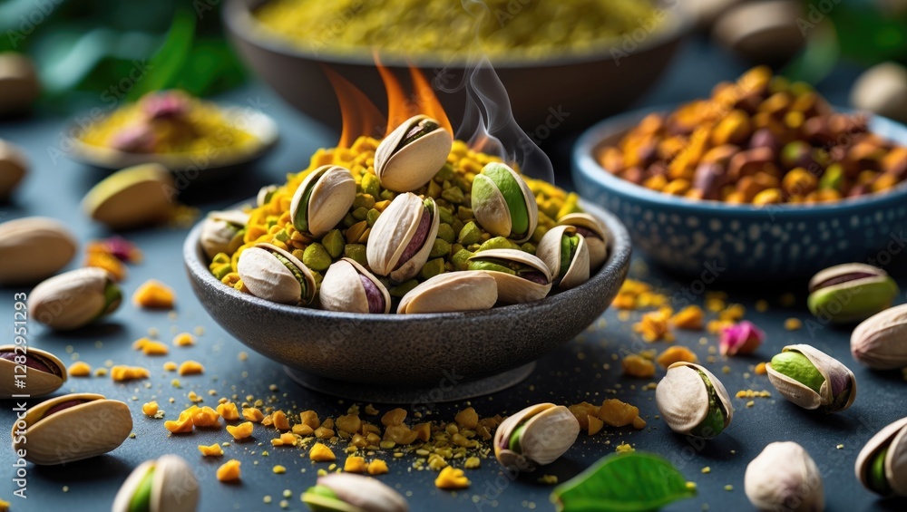 Aufkleber pistachio nuts arranged in decorative bowls with spices and colorful toppings creating an appetizing