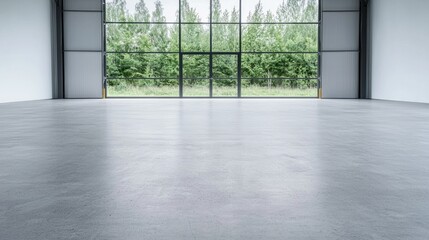 Empty warehouse interior with large windows overlooking trees.  Possible use Industrial space, product display