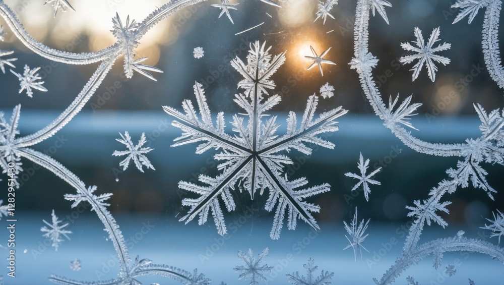 Poster frosted window close-up with snowflake patterns and backlighting from the sun creating a shimmering 