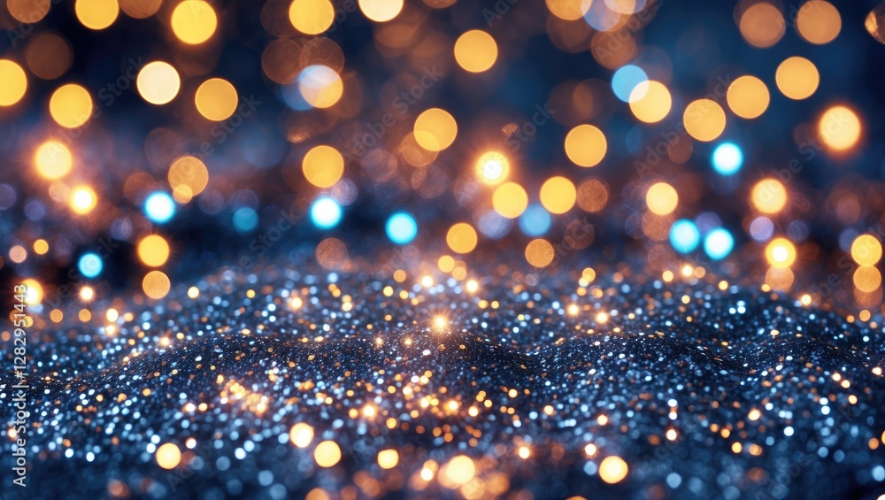 Poster abstract background with sparkling blue and orange bokeh lights over shimmering glitter surface in s