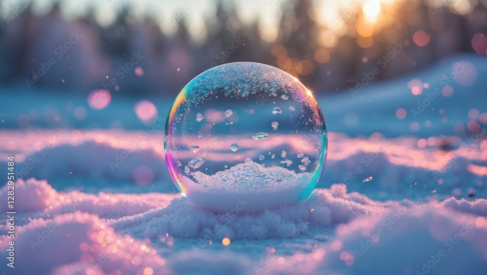 Poster soap bubble resting on snowy surface with colorful reflections and soft background light during wint