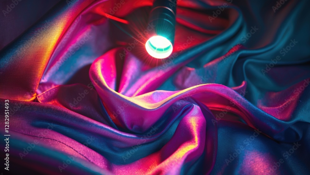Poster vibrant light beam illuminating colorful satin fabric folds creating dynamic shadows and reflections