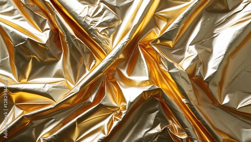Poster golden metallic crinkled foil texture background with a shiny reflective surface creating dynamic li