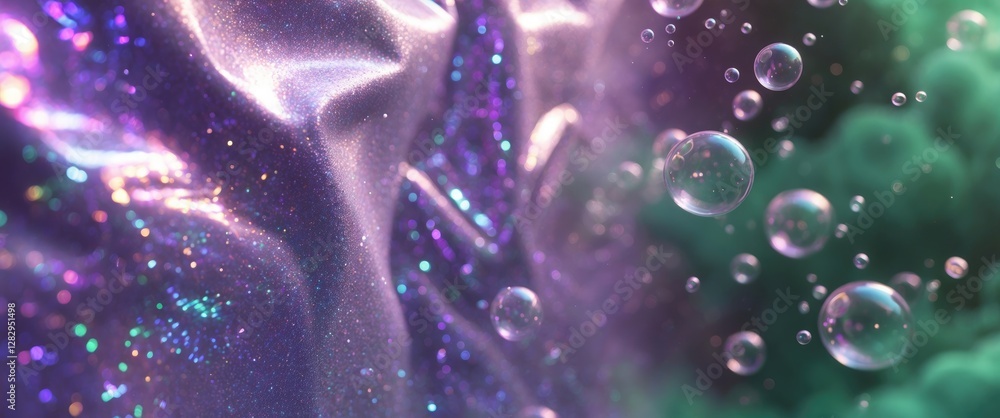 Poster abstract colorful surface with bubbles and shimmering textures in purple and green tones. fluids and