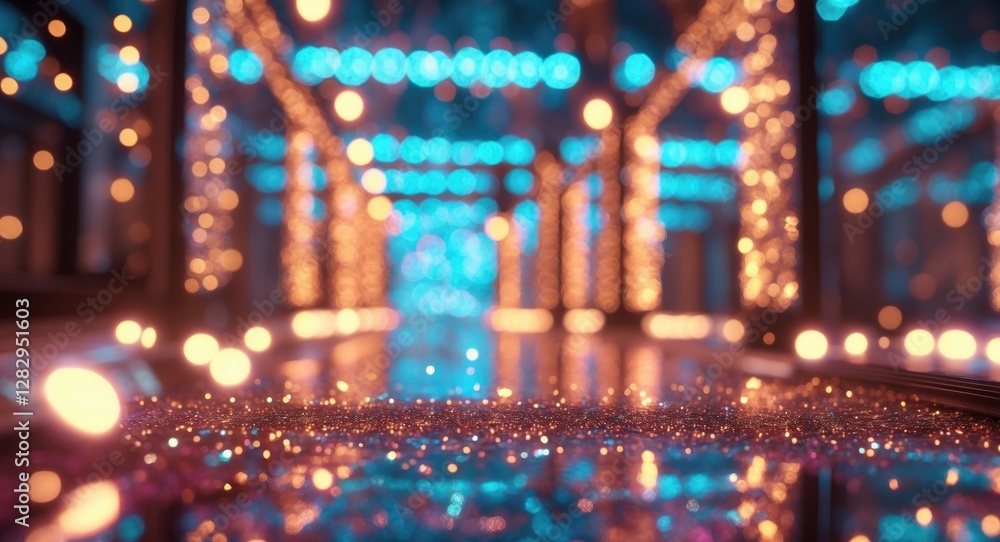 Poster blurred perspective of colorful bokeh lights creating a vibrant symmetrical pathway with sparkling r
