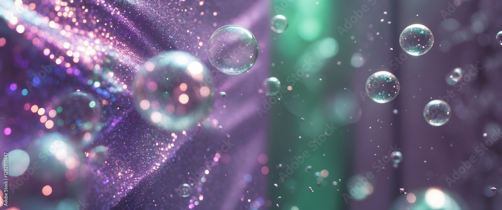 Poster close-up of colorful bubbles floating above sparkling fabric with soft focus and gradient background