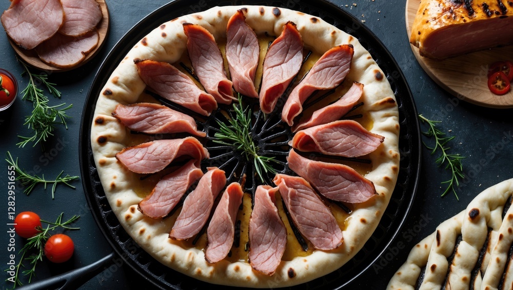 Poster sliced cooked meat arranged in a circular pattern on a doughy crust surrounded by fresh herbs and ch