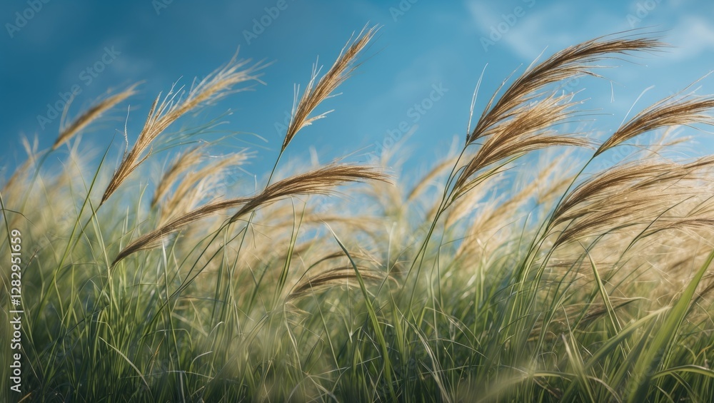 Aufkleber golden grass swaying in a field under a blue sky with soft clouds in the background during daylight 