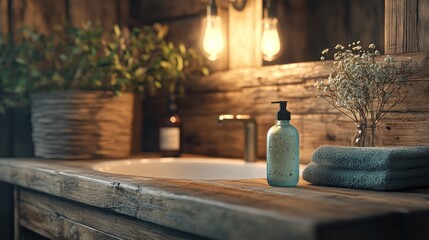 A glass cosmetic bottle on a wooden vanity in a rustic bathroom with warm lighting and natural elements, creating a serene, nature-inspired vibe.