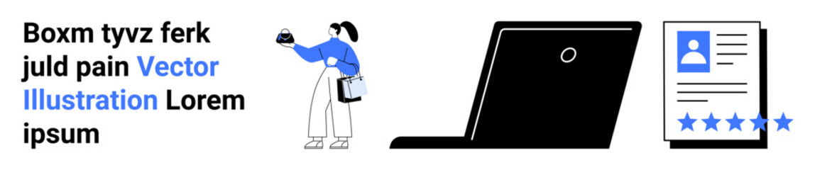 Person holding a document, laptop, and resume with a rating. Ideal for recruitment, hiring, HR tools, job application, digital profiles, career progression flat landing page banner