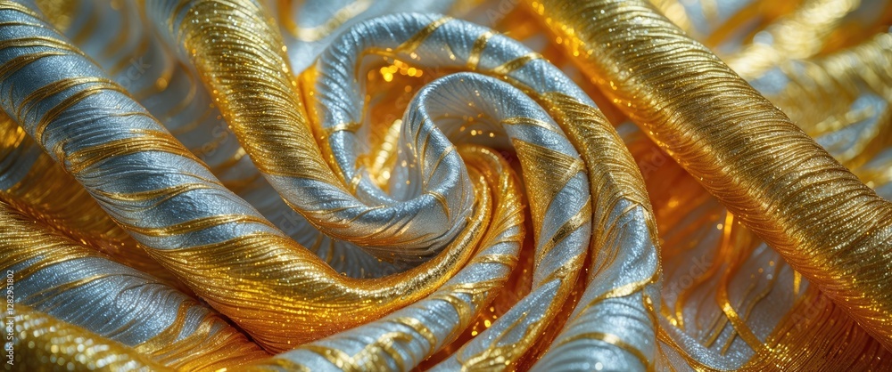Aufkleber colored silk fabric with golden and silver metallic threads arranged in a swirling pattern showcasin