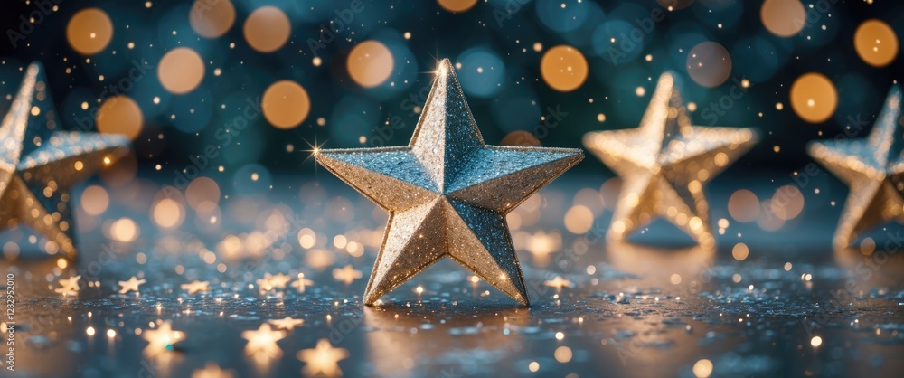 Poster glittering golden stars on a reflective surface with bokeh lights and sparkles in the background dur