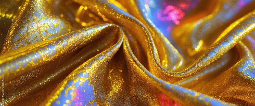 Poster close-up texture of shimmering gold and blue fabric with intricate patterns and folds illuminated by