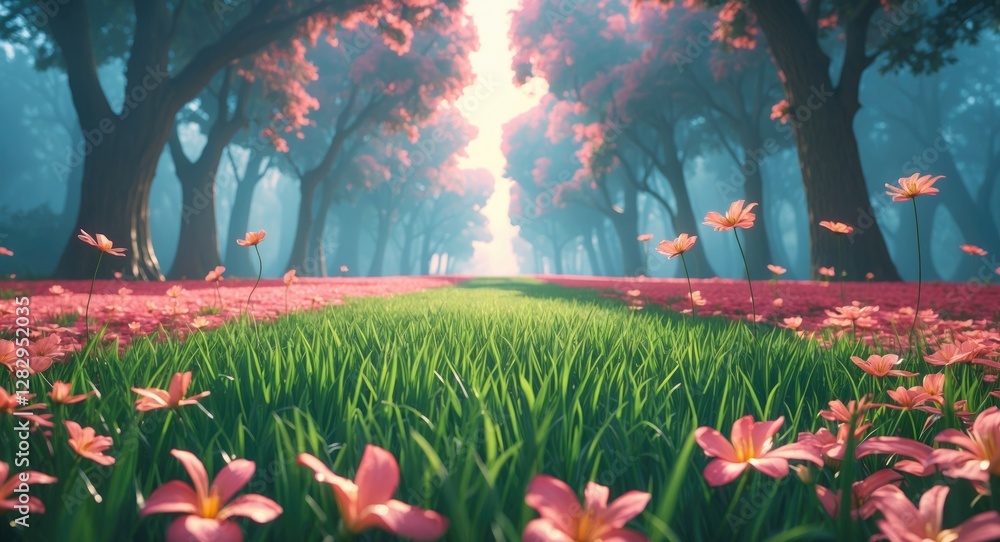 Poster pathway through vibrant flower-filled meadow with lush green grass leading into tree-lined forest wi