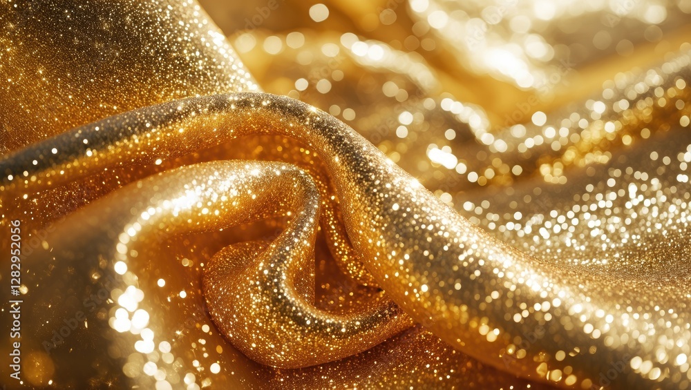 Poster close-up of shimmering golden fabric with sparkles and glitter reflecting light in an abstract textu