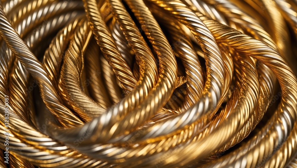Poster close-up of twisted golden metal wires arranged in a coil with shiny reflective surface in an abstra
