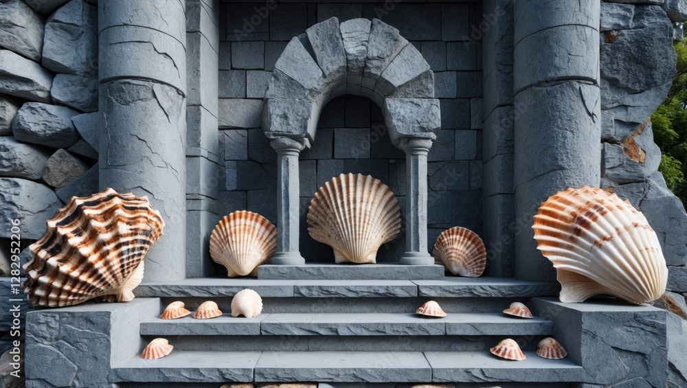 Poster stone structure with shells arranged on steps surrounded by walls made of large stones and decorativ