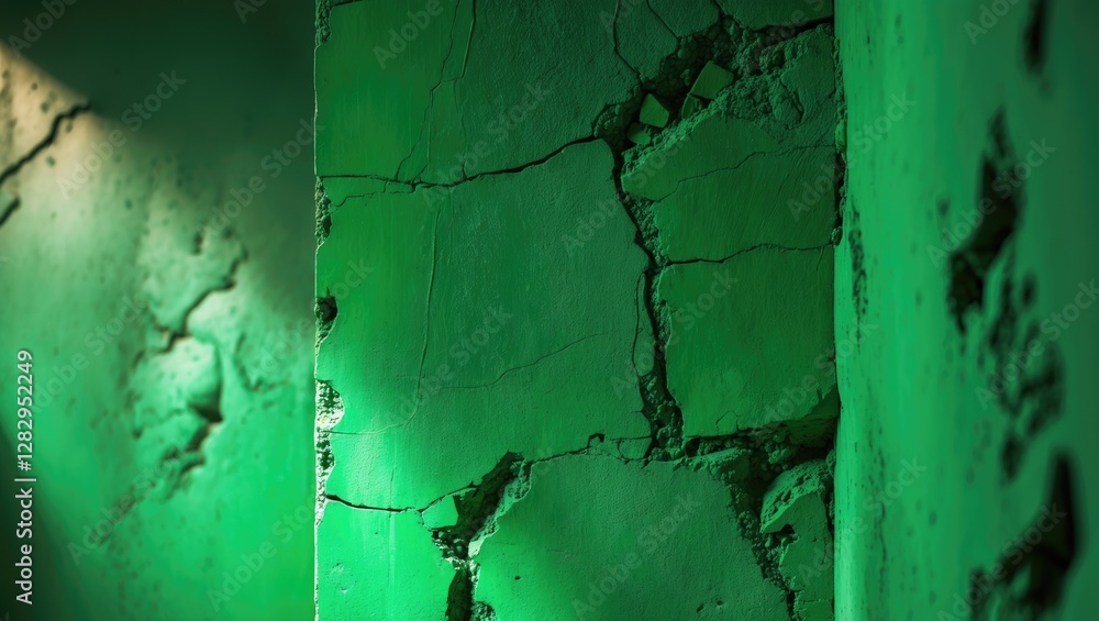Poster detailed close-up of cracked green wall texture with uneven surface and dramatic lighting effects sh