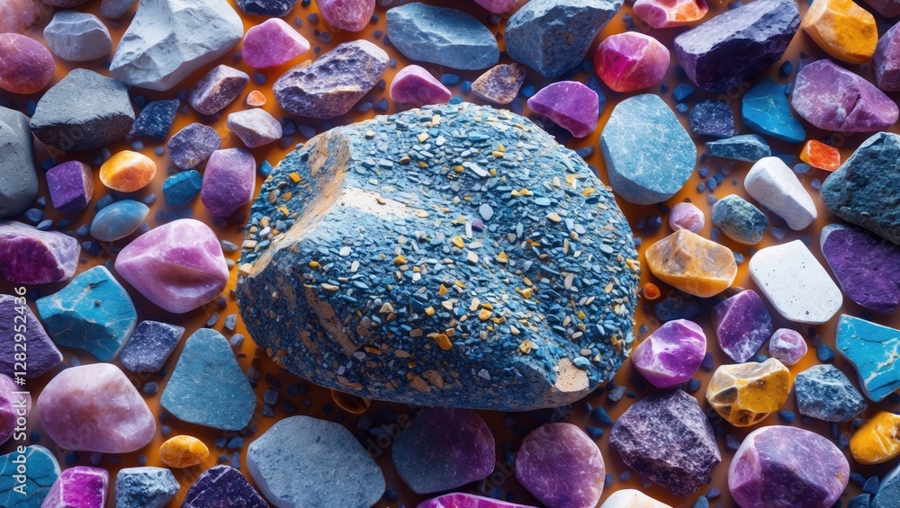 Poster close-up view of an irregular blue stone surrounded by various colorful gemstones and pebbles on a t
