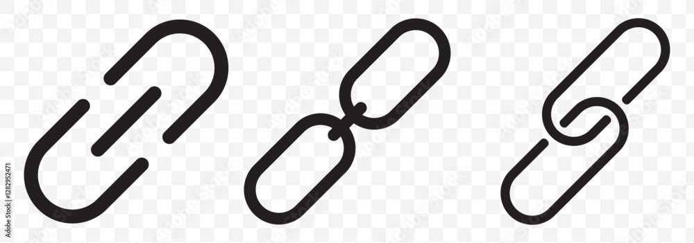 Poster set of black chain link icons in different styles, representing connection, hyperlinks, and attachme