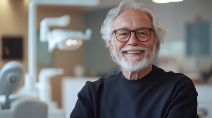 a senior dentist in a bright modern clinic with cutting edge technology standing confidently with a warm smile showcasing expertise and friendly professionalism in a comfortable dental office setting