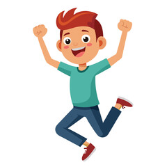 Happy boy jumping up in air. Excited joyful teenager celebrating, flying in air in dynamic energetic emotional pose with fists, arms gesture. Flat vector illustration isolated on white background