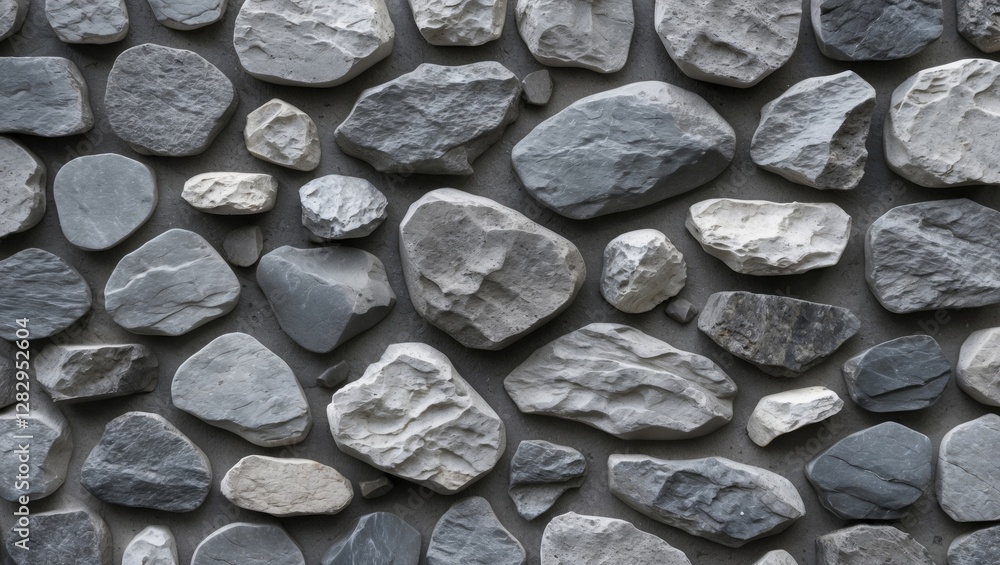 Poster gray stone wall texture with various shapes and sizes of rock fragments arranged closely together in