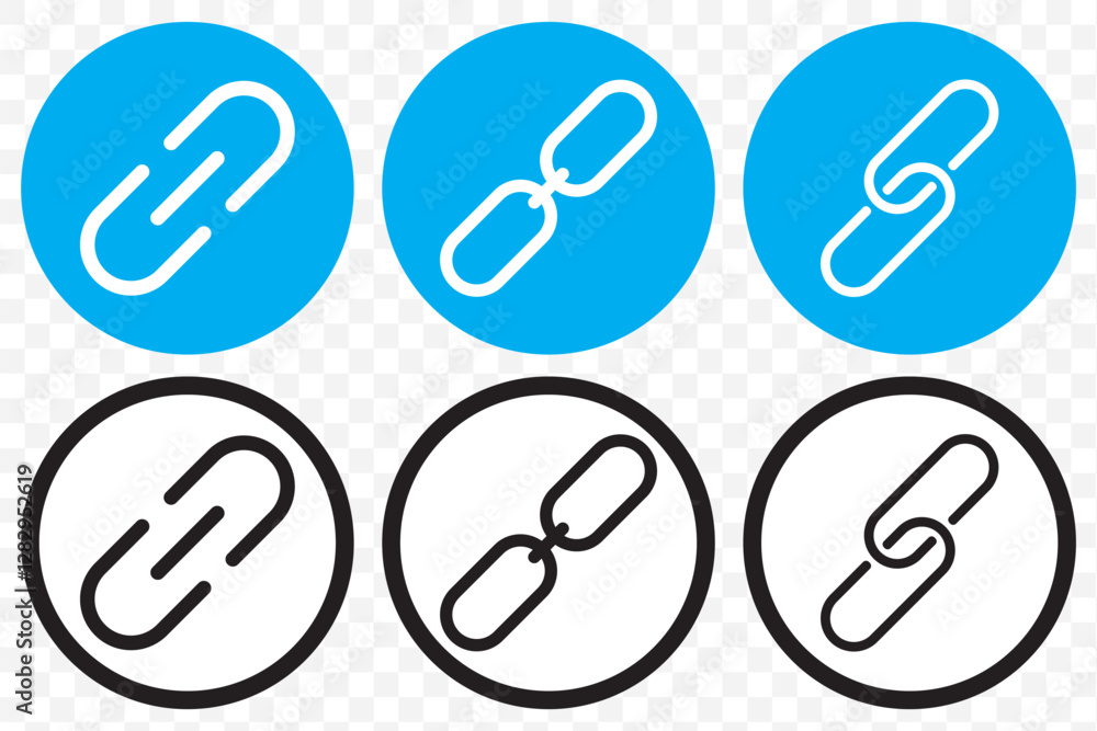 Poster set of black chain link icons in different styles, representing connection, hyperlinks, and attachme