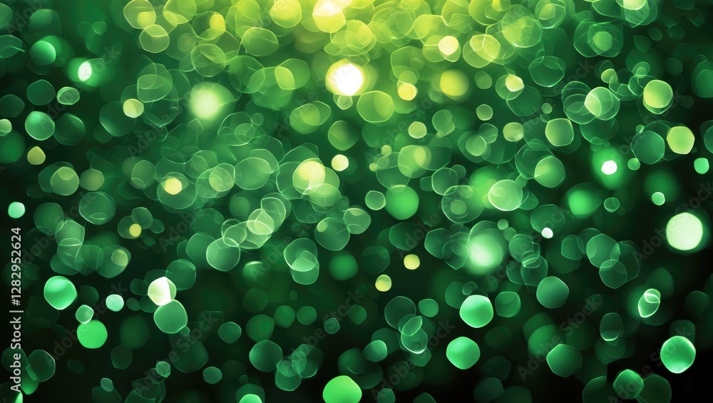 Poster green bokeh background with blurred circles of varying sizes and intensities creating a festive and 