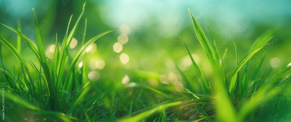 Aufkleber close-up view of green grass with sunlight and bokeh effect in natural environment during daytime.