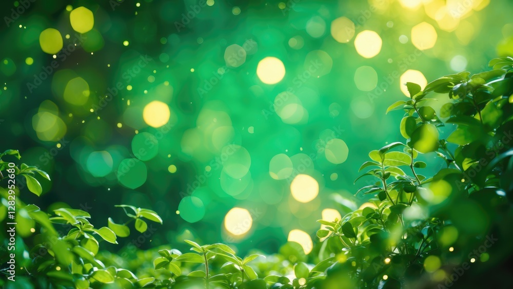 Poster lush green foliage with blurred bokeh background featuring soft glowing lights and shimmering partic