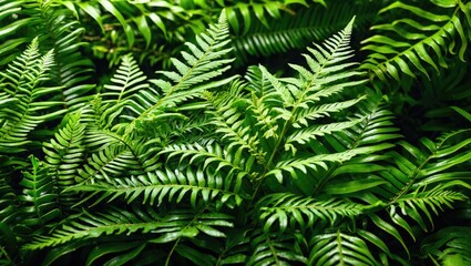 Green fern leaves in a lush tropical setting with various textures and shades of green foliage. Natural botanical background.