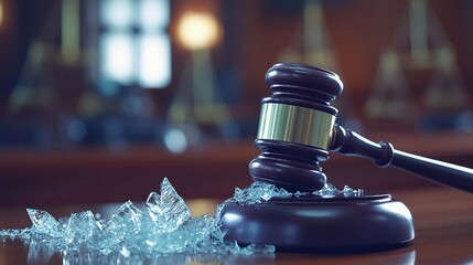 Close-up of a shattered glass gavel on a wooden desk, symbolizing broken justice, with a focus on legal system flaws and courtroom drama concepts.