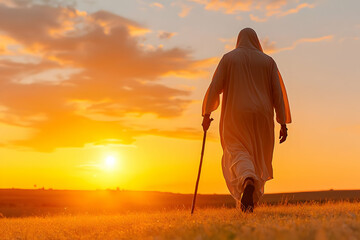 Solitary figure walks at sunset across a grassy field, towards a vibrant sky; perfect for spirituality, contemplation, or travel themes