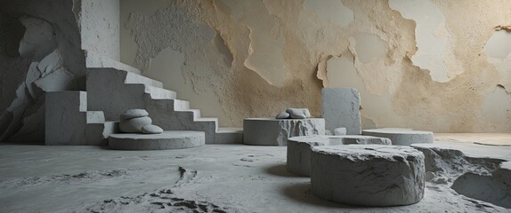 Abstract interior design with textured walls, stone seating, and sculptural elements in minimalist style.