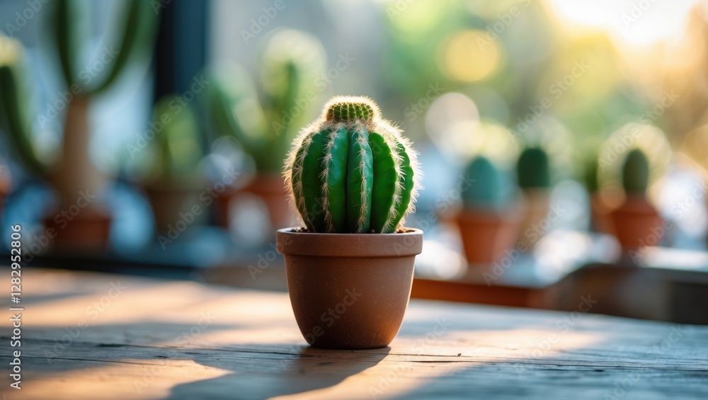 Poster potted cactus on wooden table with soft sunlight and blurred background of additional cacti in pots 