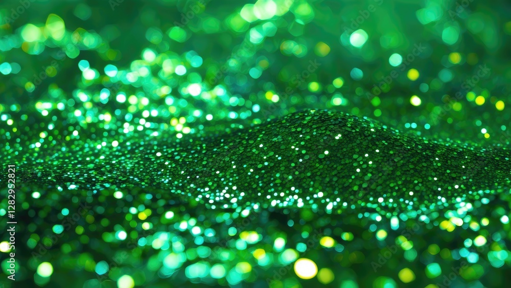 Poster green glitter texture with bokeh effect featuring varying shades of green and soft light reflections