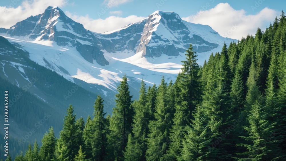 Poster snow-capped mountains in the background with dense evergreen forest in the foreground under a clear 