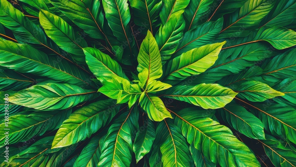 Poster top view of lush green leaves with varying shapes and textures creating a dense natural pattern in v