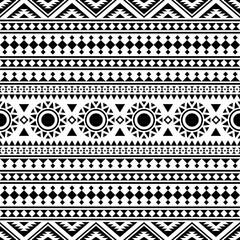 Aztec-inspired seamless pattern with bold geometric squares. Black and white tribal motif, perfect for textile prints, backgrounds, and graphic design projects