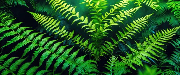 Lush green fern leaves with intricate patterns and varying shades of green backlit by soft light in a natural environment